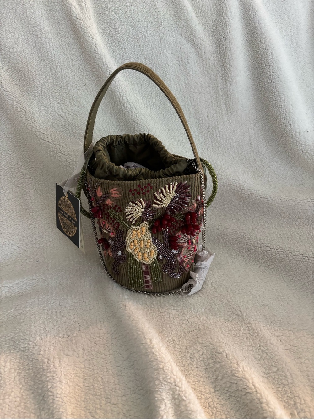Olive Green Beaded Floral Mini Bucket Bag